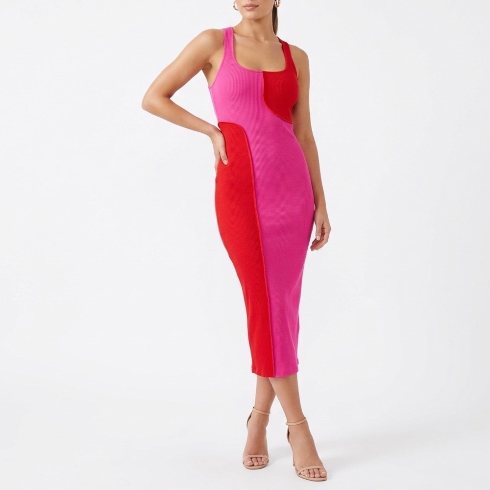 Colorblock Pink & Red Bodycon Midi Dress